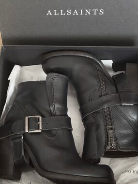 AllSaints Jules Heeled Black Leather Buckle Ankle Boots